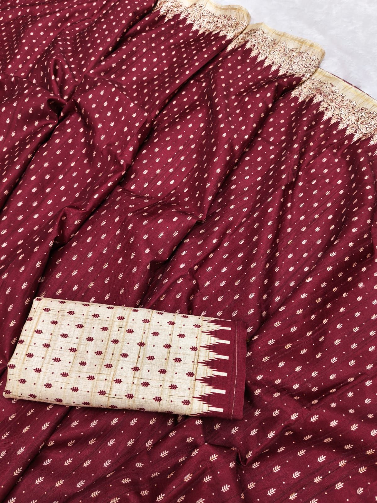 Rhapsodic Maroon Embroidery Work Tussar Silk Saree With Winsome Blouse Piece