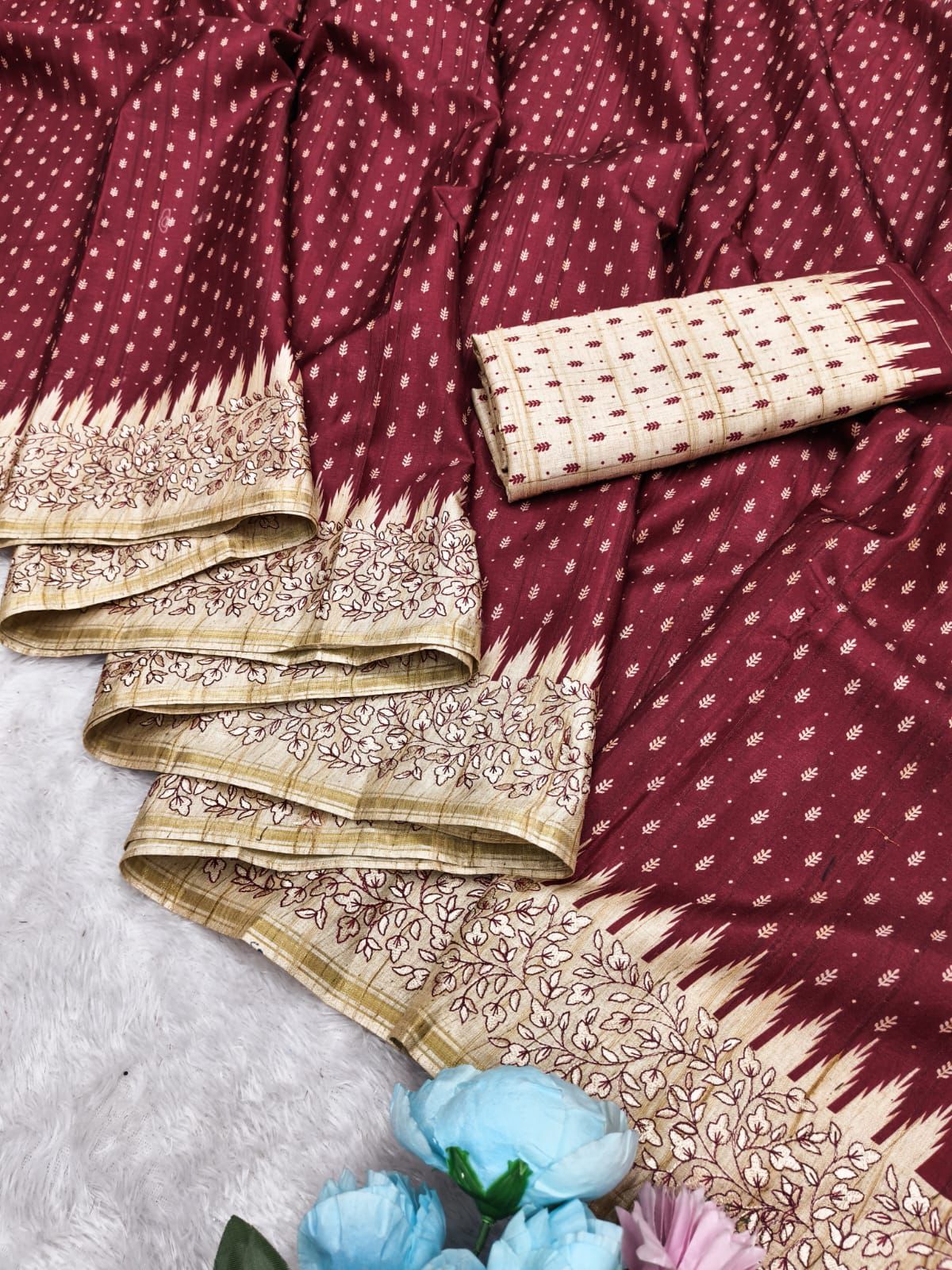 Rhapsodic Maroon Embroidery Work Tussar Silk Saree With Winsome Blouse Piece