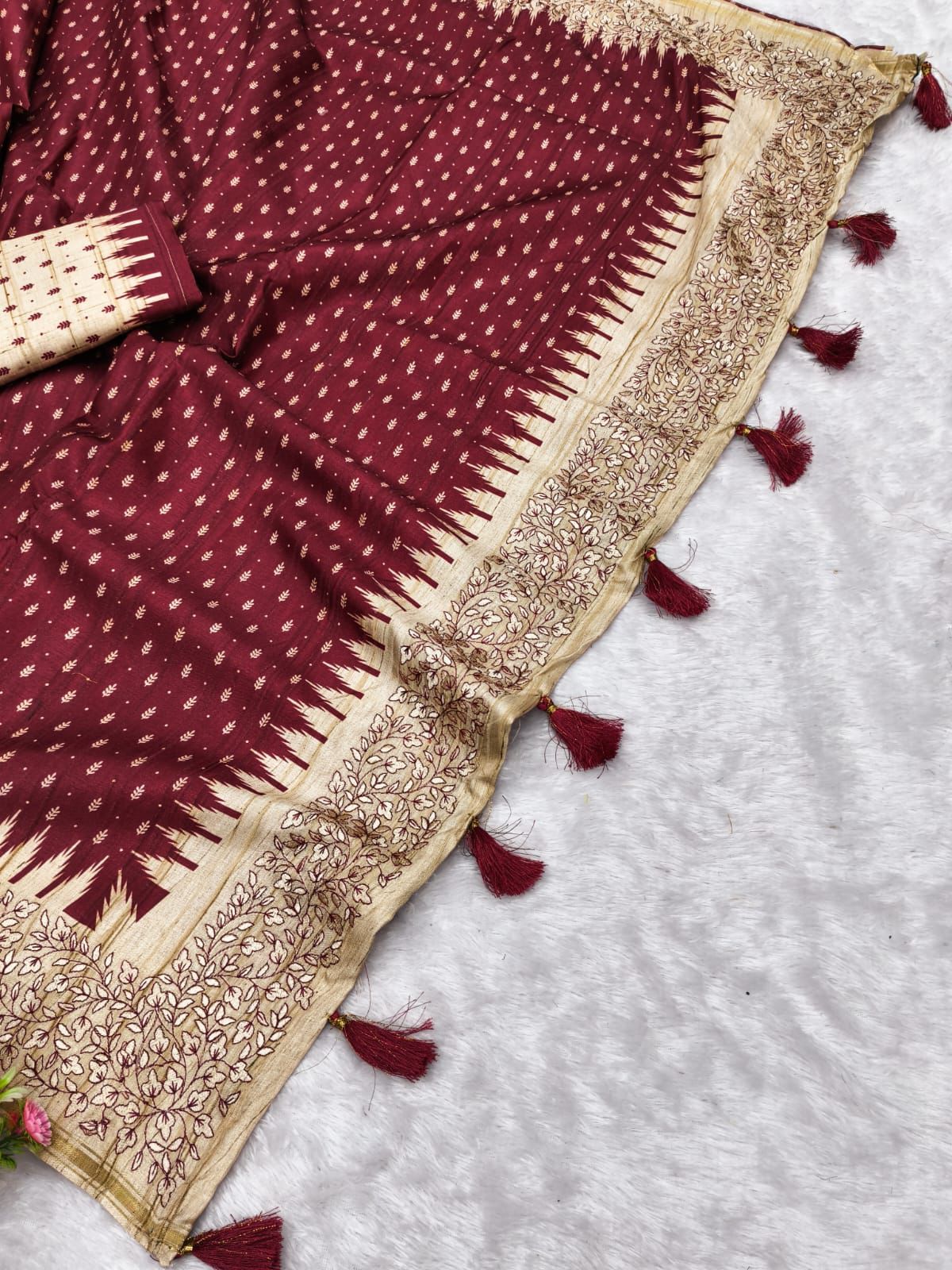 Rhapsodic Maroon Embroidery Work Tussar Silk Saree With Winsome Blouse Piece