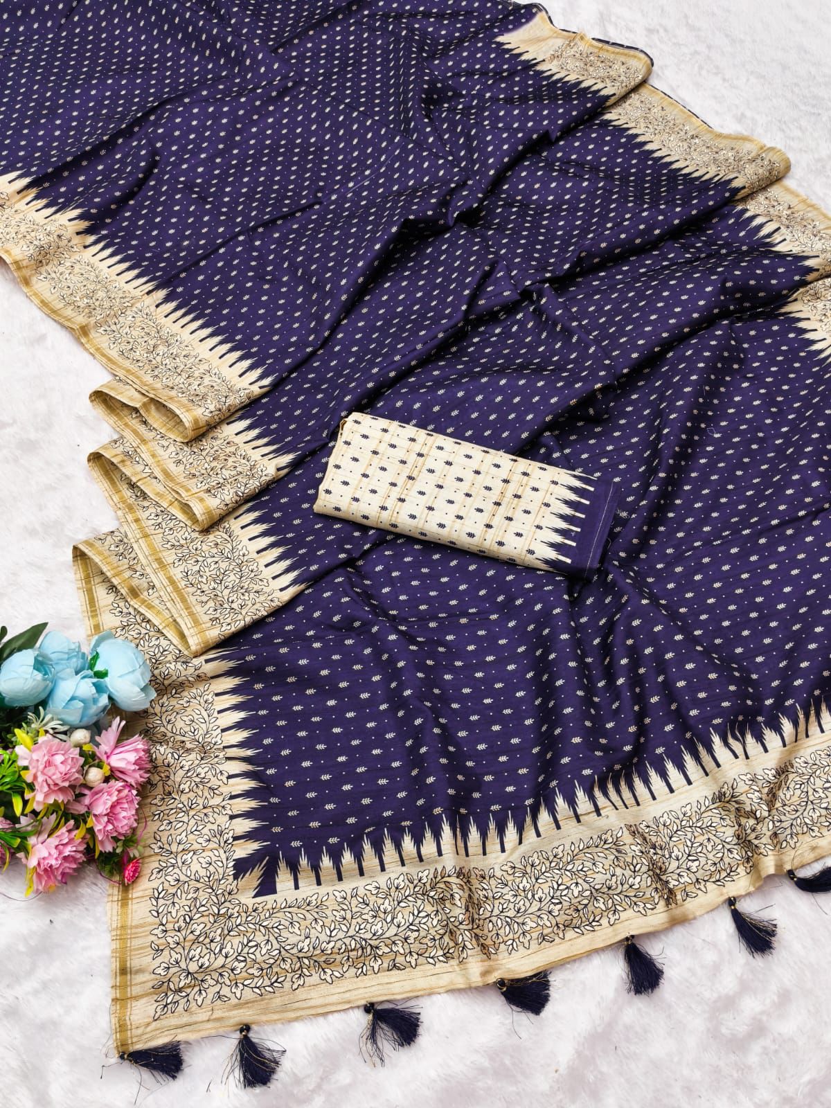 Mellifluous Navy Blue Embroidery Work Tussar Silk Saree With Incomparable Blouse Piece