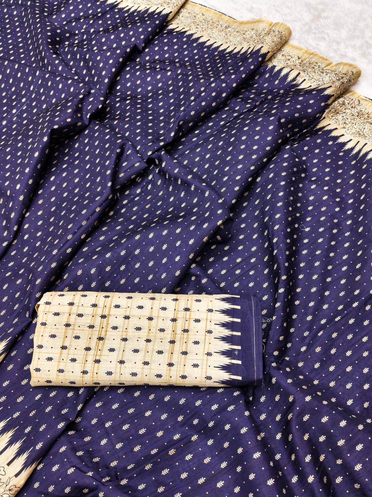 Mellifluous Navy Blue Embroidery Work Tussar Silk Saree With Incomparable Blouse Piece