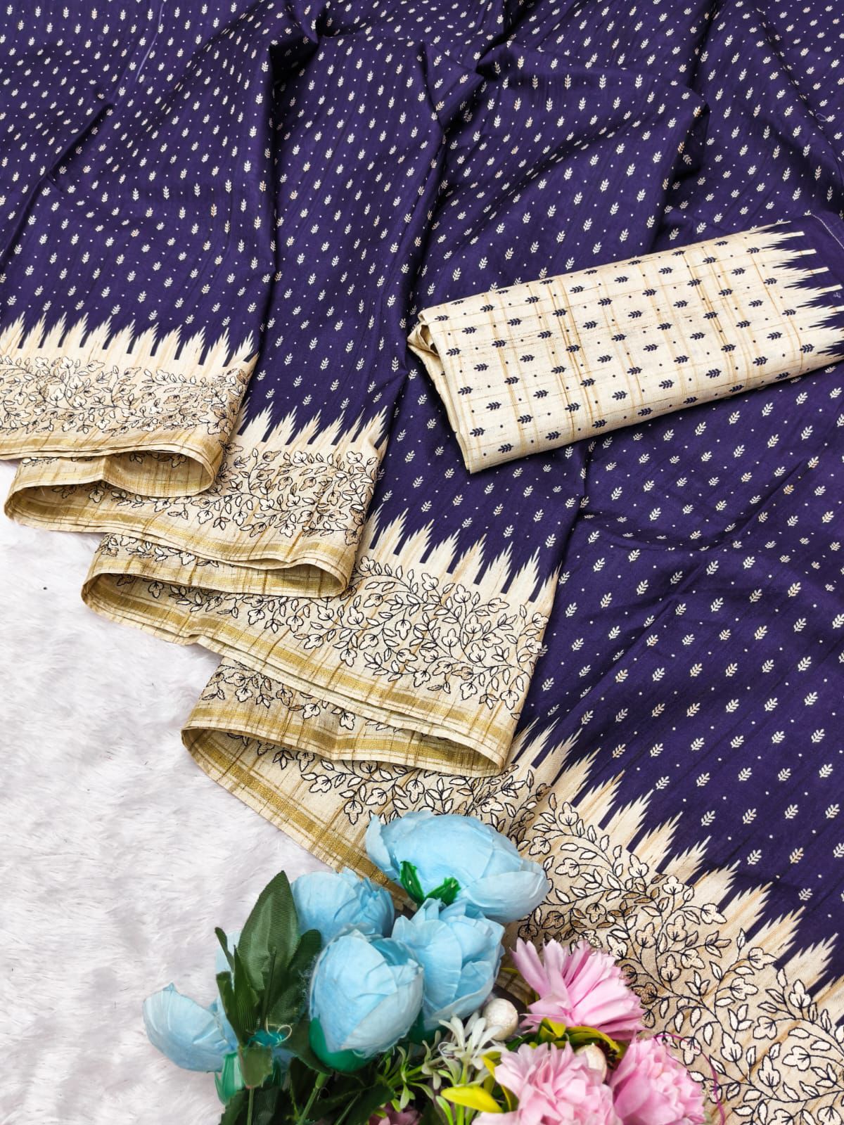 Mellifluous Navy Blue Embroidery Work Tussar Silk Saree With Incomparable Blouse Piece