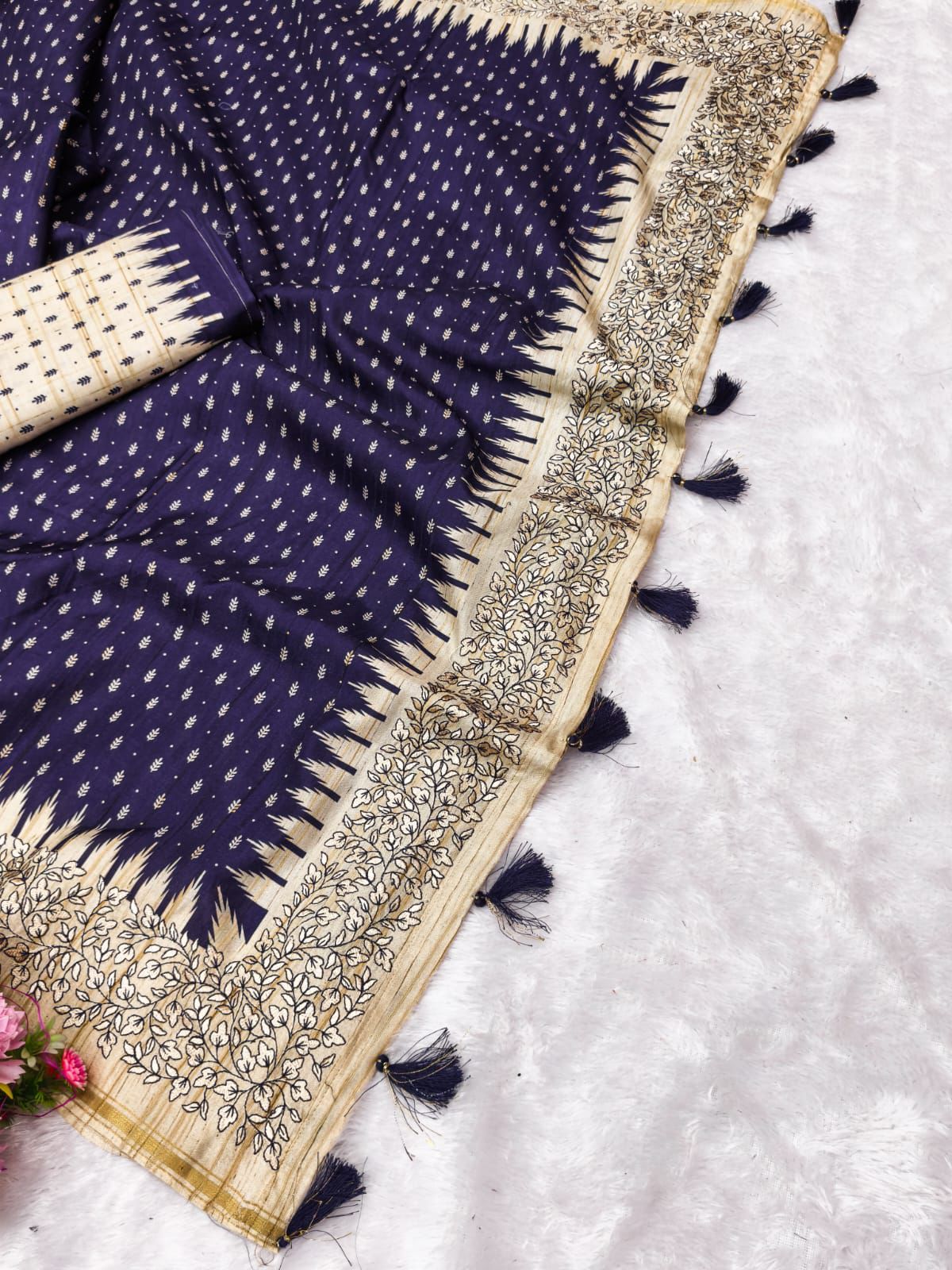 Mellifluous Navy Blue Embroidery Work Tussar Silk Saree With Incomparable Blouse Piece