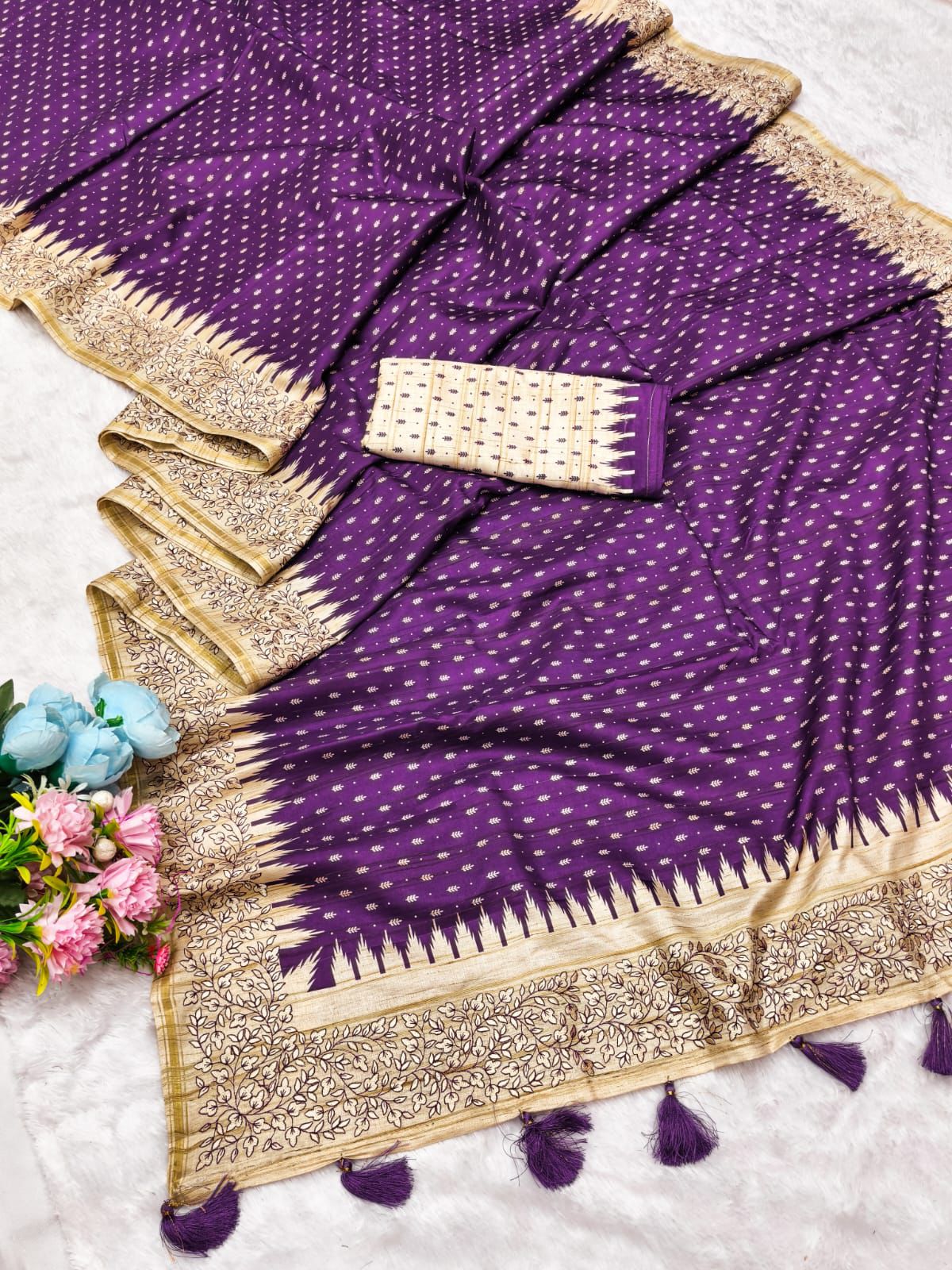 Snazzy Purple Embroidery Work Tussar Silk Saree With Serendipity Blouse Piece