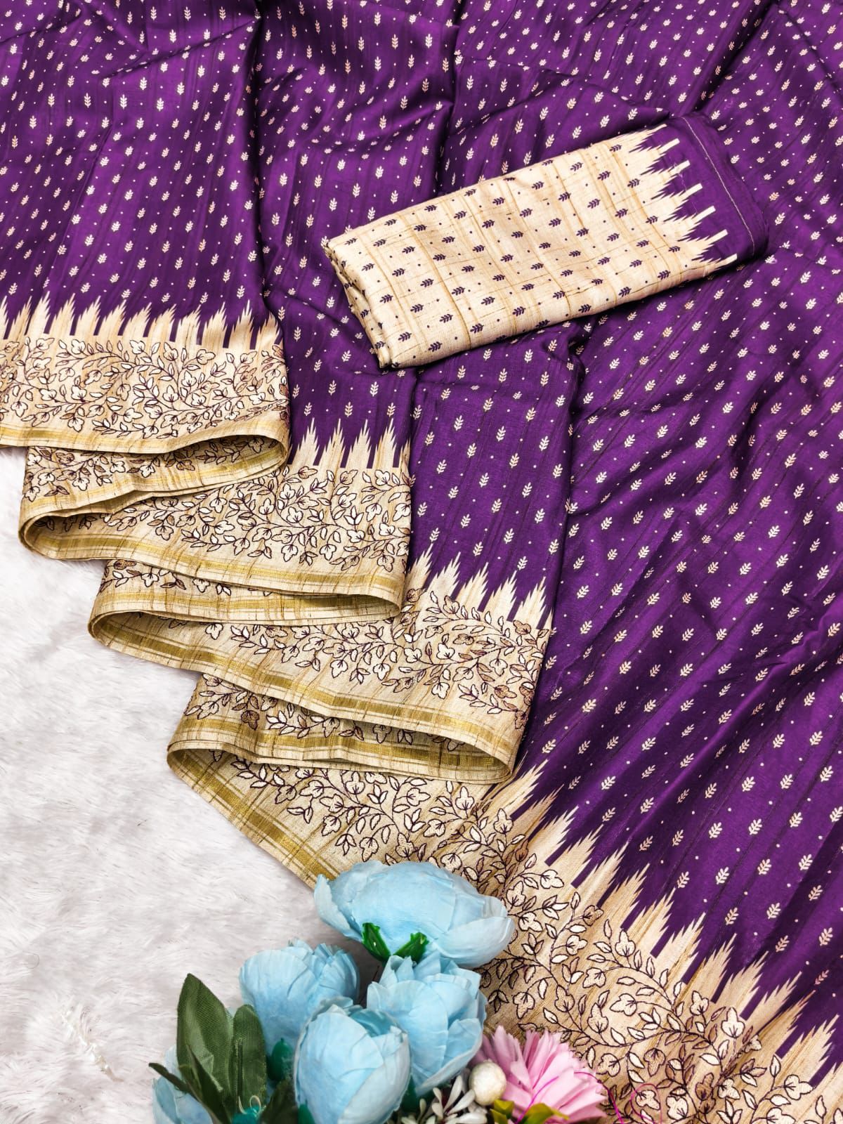 Snazzy Purple Embroidery Work Tussar Silk Saree With Serendipity Blouse Piece