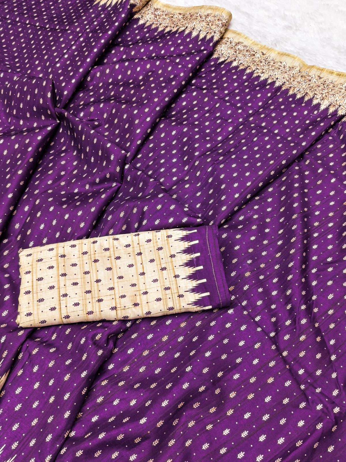 Snazzy Purple Embroidery Work Tussar Silk Saree With Serendipity Blouse Piece