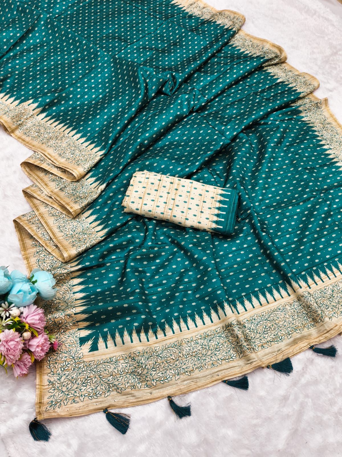 Desultory Rama Embroidery Work Tussar Silk Saree With Admirable Blouse Piece