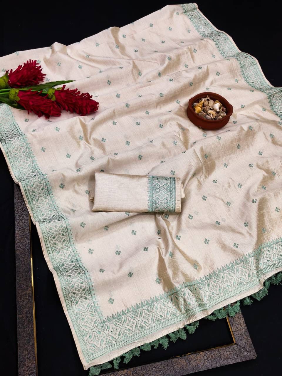 Devastating Firozi Embroidery Work Tussar Silk Saree With Palimpsest Blouse Piece