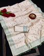 Devastating Firozi Embroidery Work Tussar Silk Saree With Palimpsest Blouse Piece