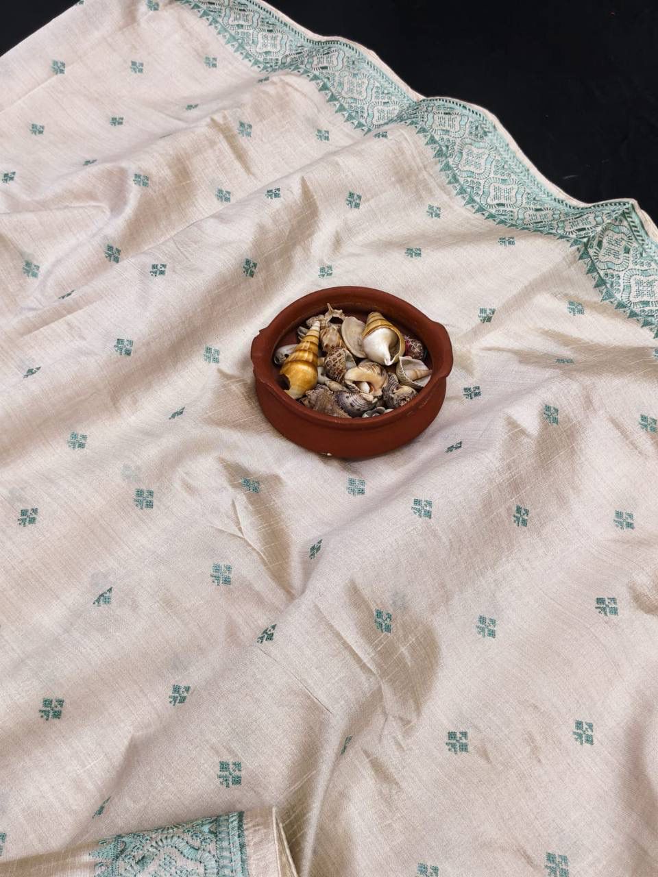 Devastating Firozi Embroidery Work Tussar Silk Saree With Palimpsest Blouse Piece