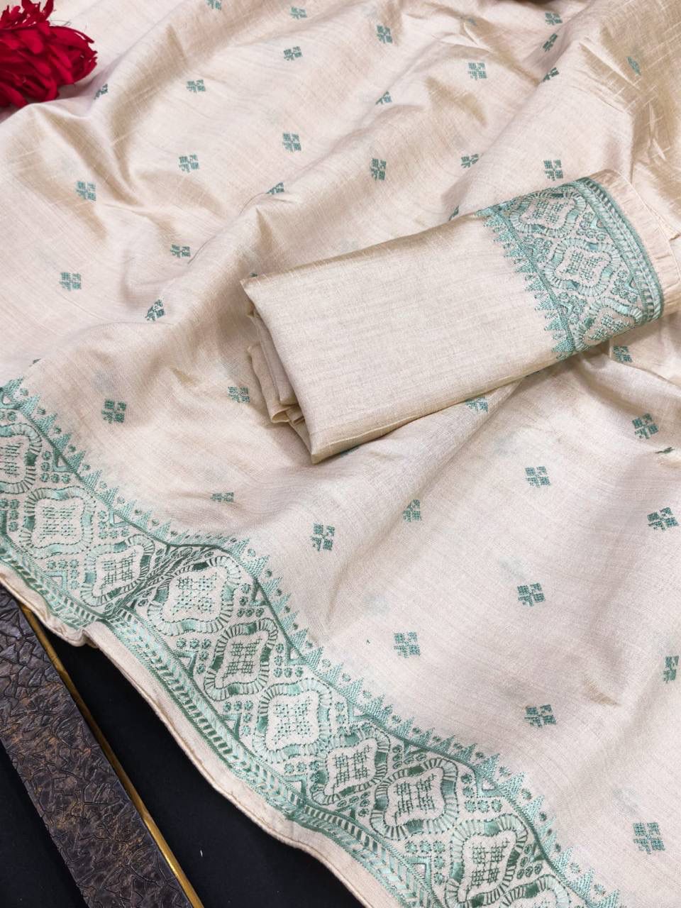 Devastating Firozi Embroidery Work Tussar Silk Saree With Palimpsest Blouse Piece