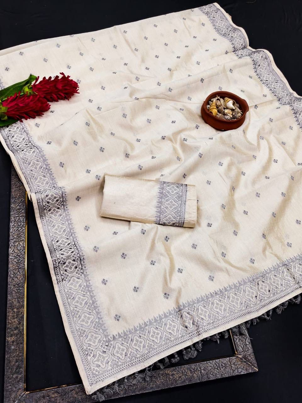 Exquisite Grey Embroidery Work Tussar Silk Saree With Opulent Blouse Piece