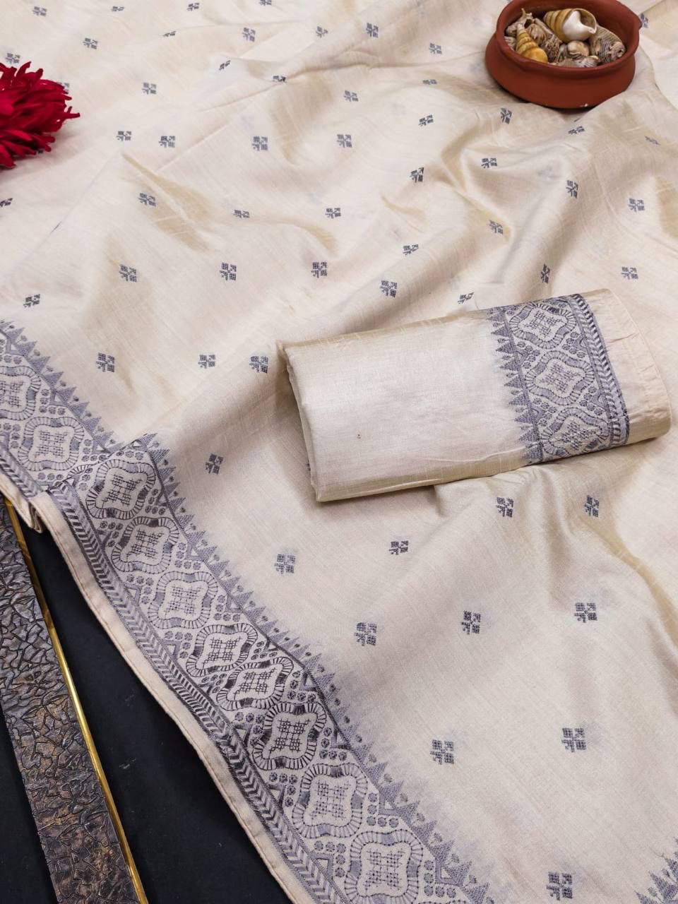 Exquisite Grey Embroidery Work Tussar Silk Saree With Opulent Blouse Piece