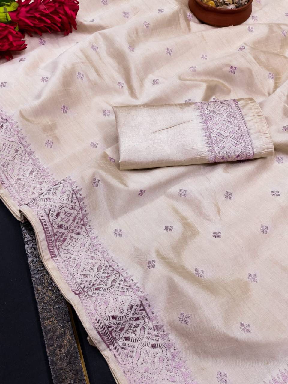 Impressive Lavender Embroidery Work Tussar Silk Saree With Sizzling Blouse Piece