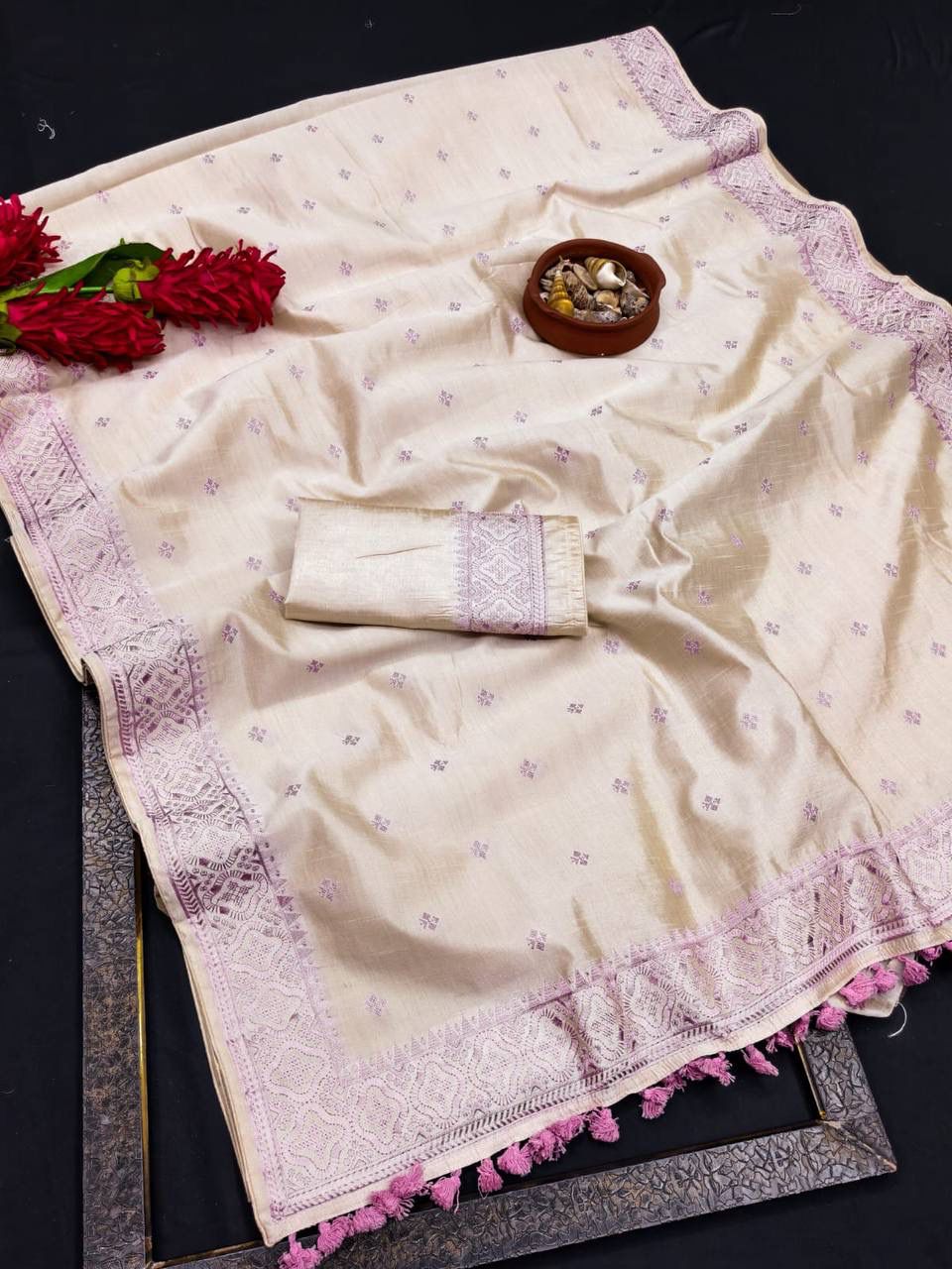 Impressive Lavender Embroidery Work Tussar Silk Saree With Sizzling Blouse Piece