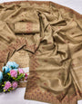 Breathtaking Beige Embroidery Work Tussar Silk Saree With Exquisite Blouse Piece