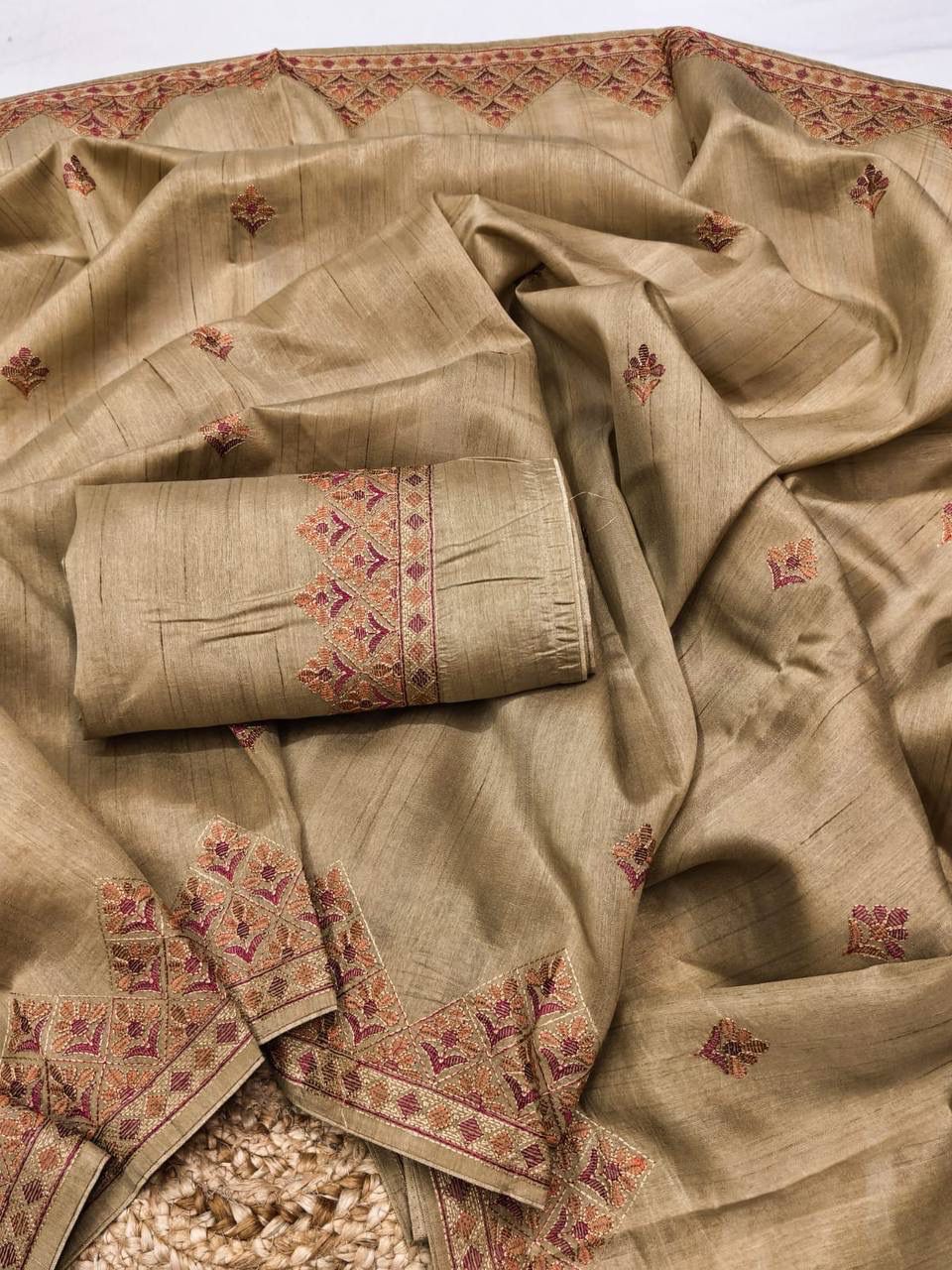 Breathtaking Beige Embroidery Work Tussar Silk Saree With Exquisite Blouse Piece