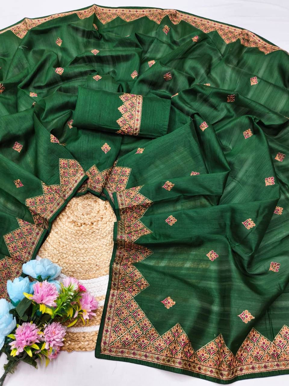 Tremendous Dark Green Embroidery Work Tussar Silk Saree With Tempting Blouse Piece