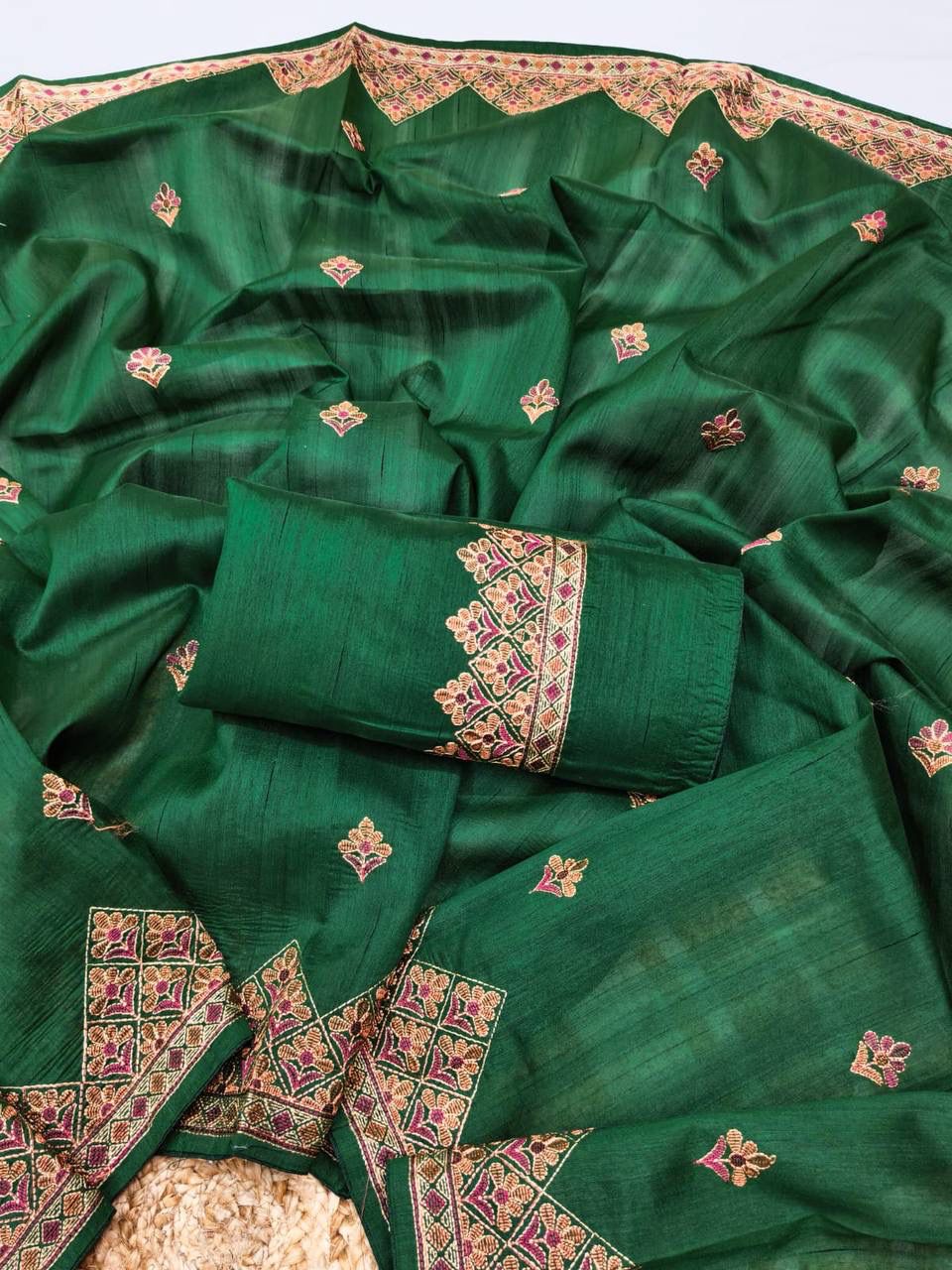 Tremendous Dark Green Embroidery Work Tussar Silk Saree With Tempting Blouse Piece