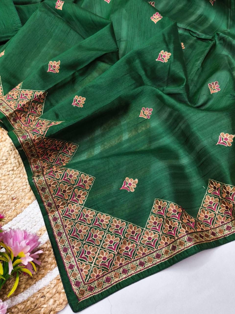 Tremendous Dark Green Embroidery Work Tussar Silk Saree With Tempting Blouse Piece
