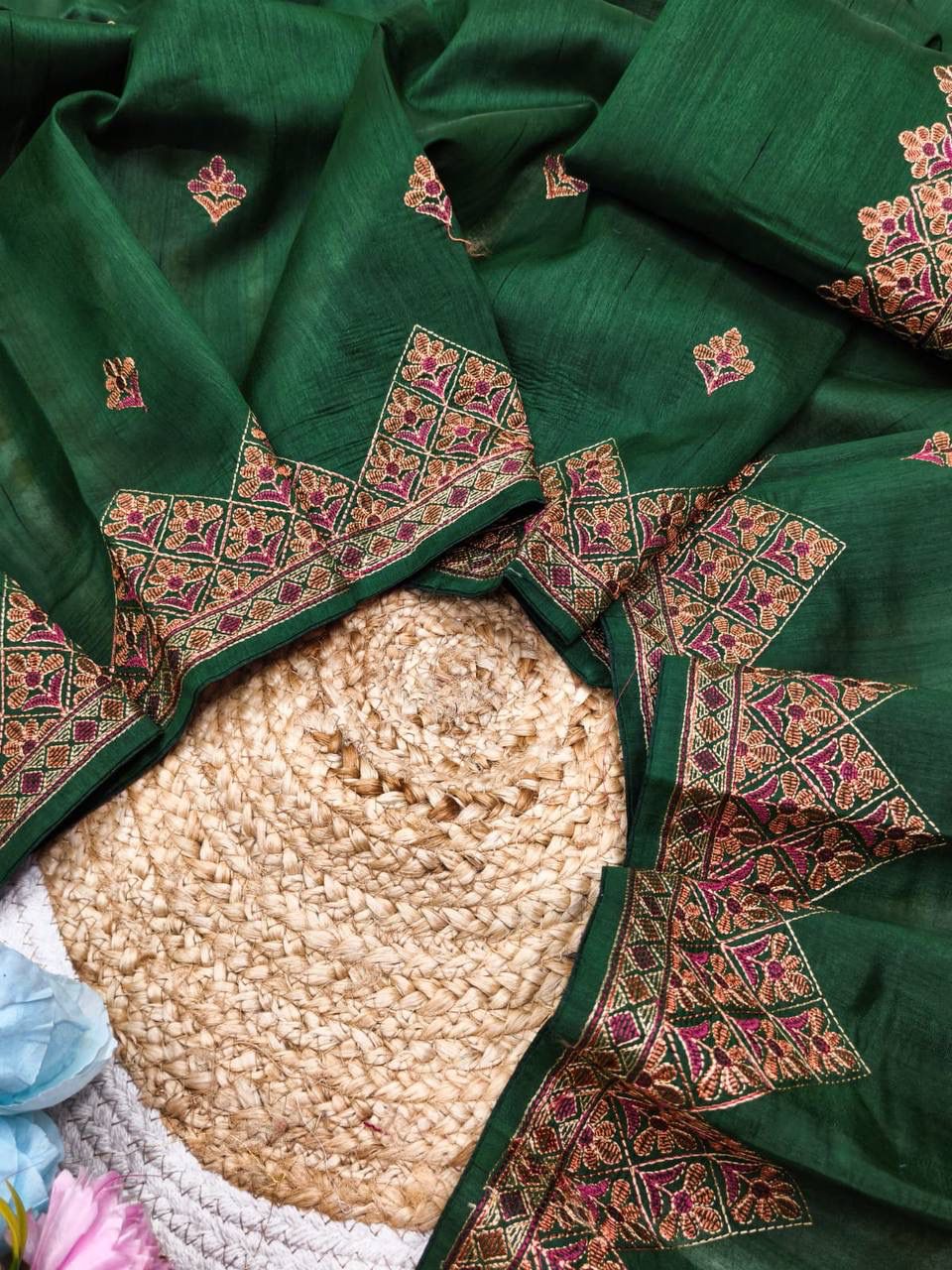 Tremendous Dark Green Embroidery Work Tussar Silk Saree With Tempting Blouse Piece