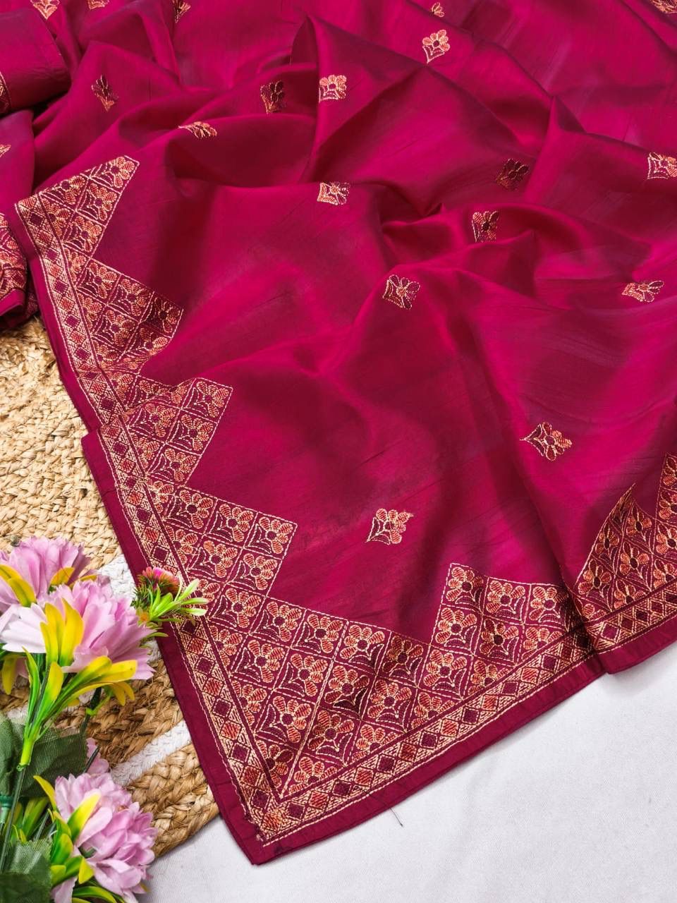 Delectable Dark Pink Embroidery Work Tussar Silk Saree With Mellifluous Blouse Piece