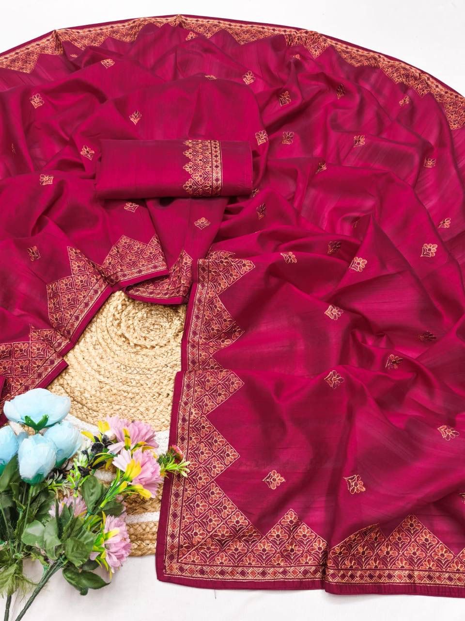Delectable Dark Pink Embroidery Work Tussar Silk Saree With Mellifluous Blouse Piece