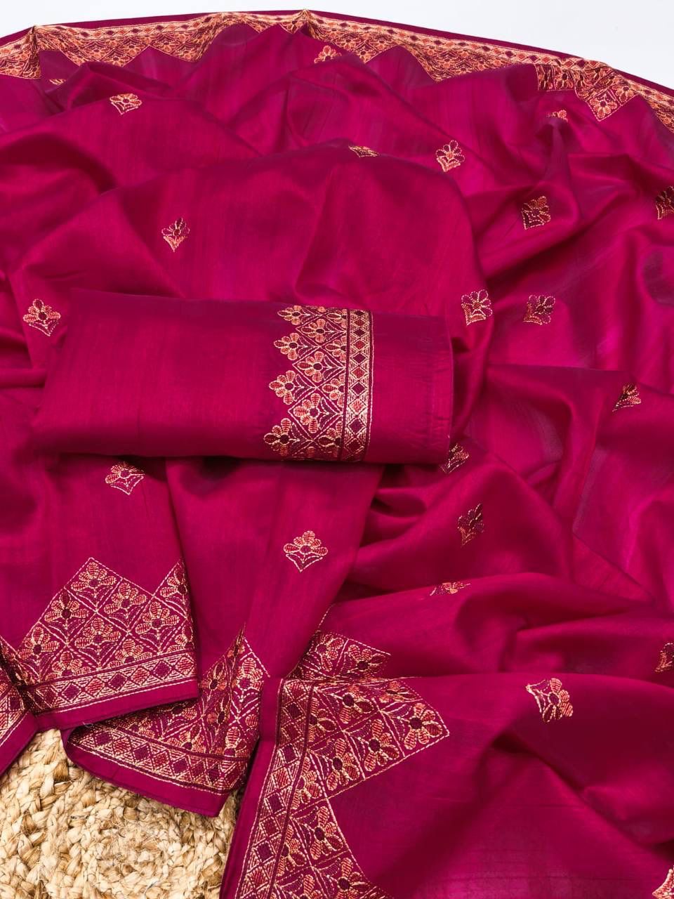 Delectable Dark Pink Embroidery Work Tussar Silk Saree With Mellifluous Blouse Piece