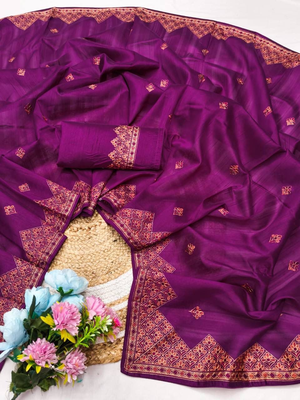 Desuetude Purple Embroidery Work Tussar Silk Saree With Admirable Blouse Piece
