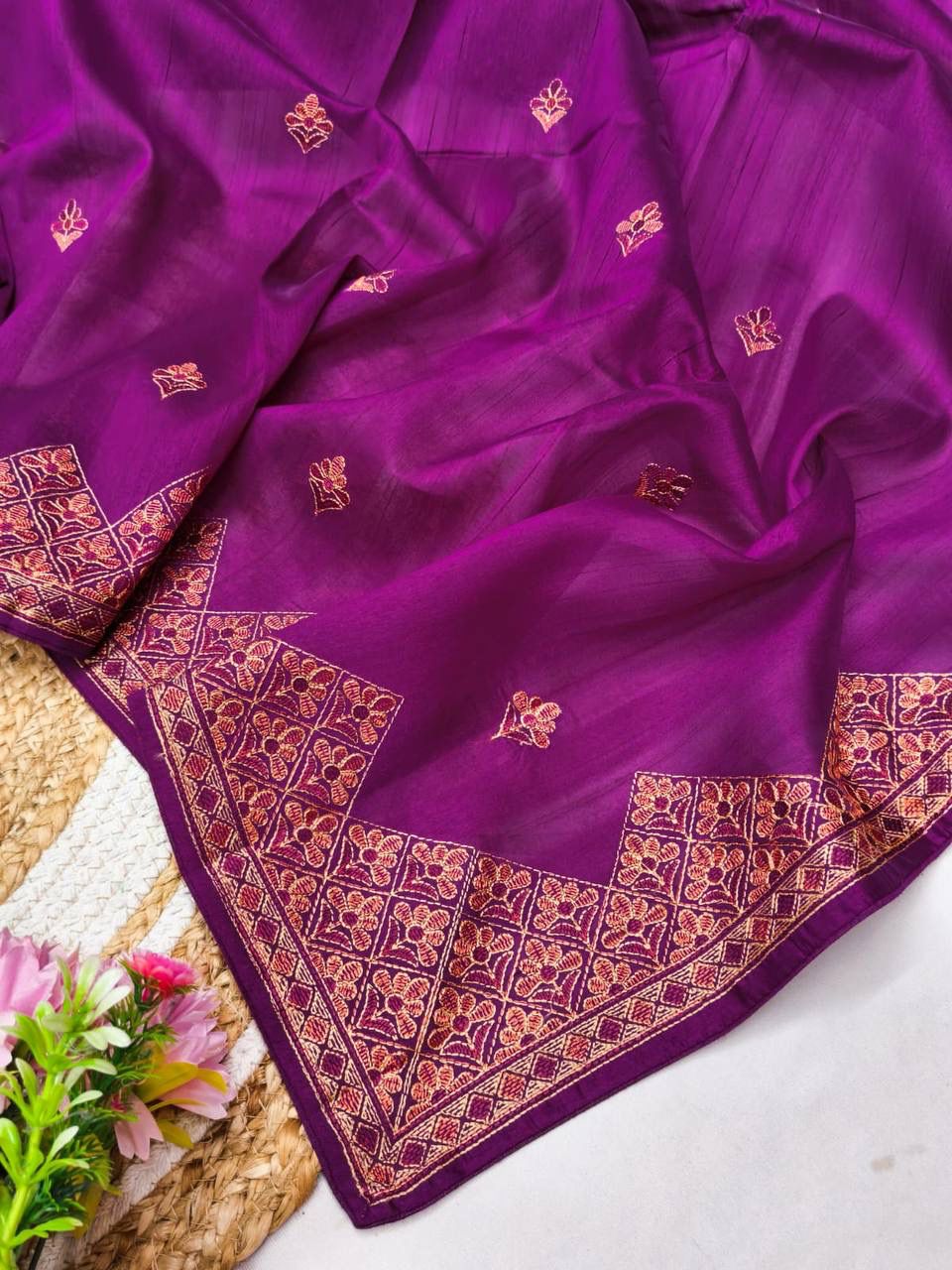 Desuetude Purple Embroidery Work Tussar Silk Saree With Admirable Blouse Piece