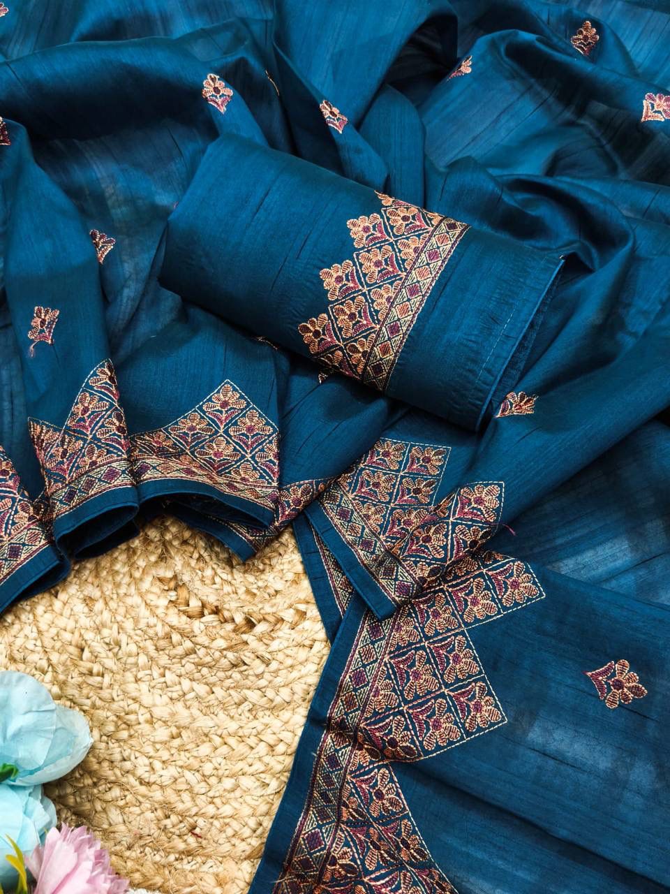 Most Stunning Teal Blue Embroidery Work Tussar Silk Saree With Opulent Blouse Piece