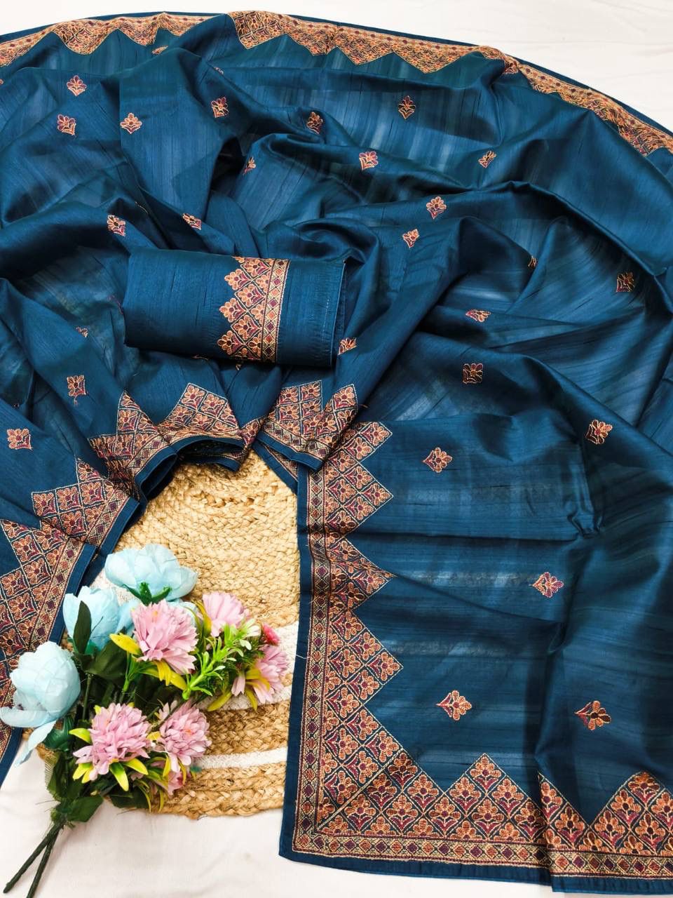 Most Stunning Teal Blue Embroidery Work Tussar Silk Saree With Opulent Blouse Piece
