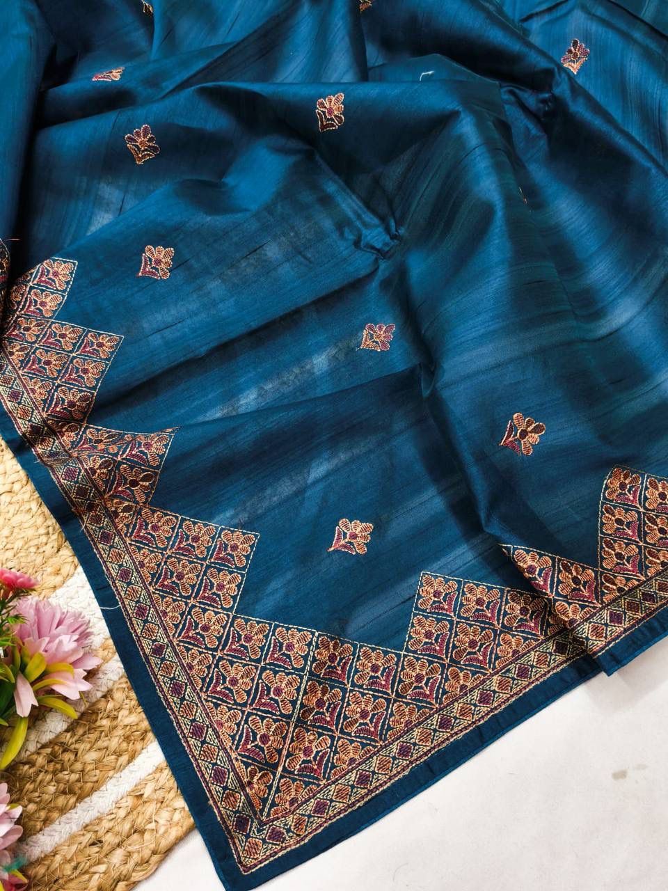 Most Stunning Teal Blue Embroidery Work Tussar Silk Saree With Opulent Blouse Piece