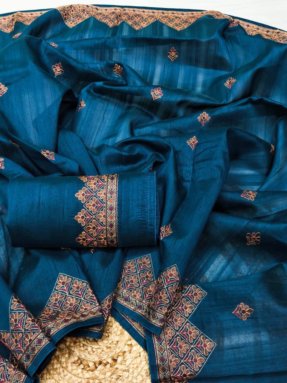 Most Stunning Teal Blue Embroidery Work Tussar Silk Saree With Opulent Blouse Piece