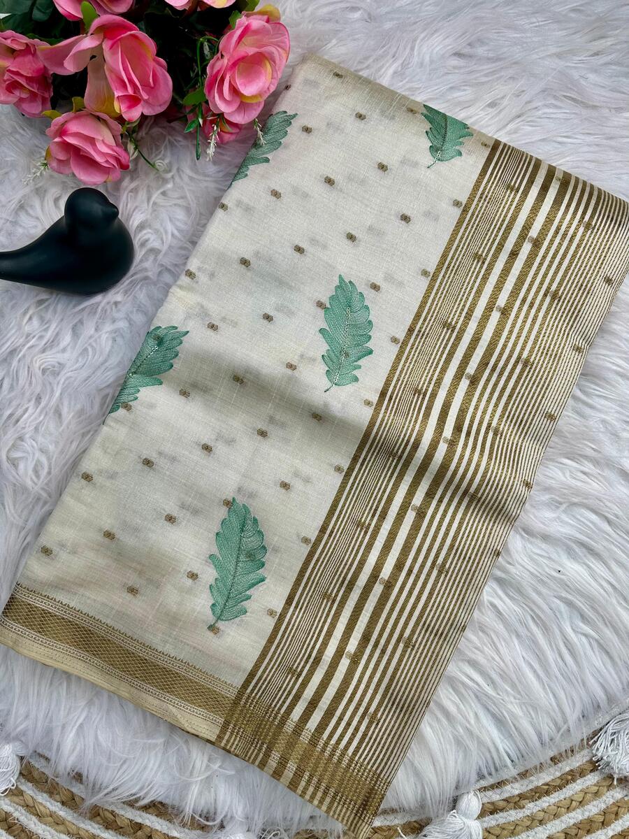 Jazzy Green Embroidery Work Tussar Silk Saree With Inspiring Blouse Piece