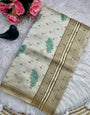 Jazzy Green Embroidery Work Tussar Silk Saree With Inspiring Blouse Piece