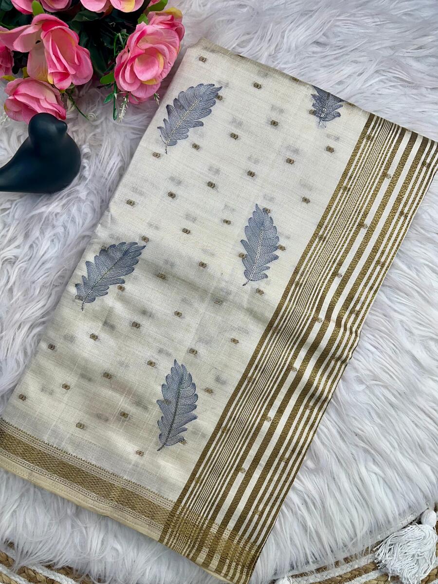 Comely Grey Embroidery Work Tussar Silk Saree With Efflorescence Blouse Piece