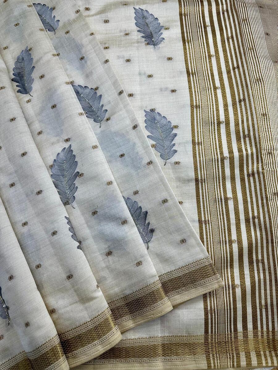 Comely Grey Embroidery Work Tussar Silk Saree With Efflorescence Blouse Piece