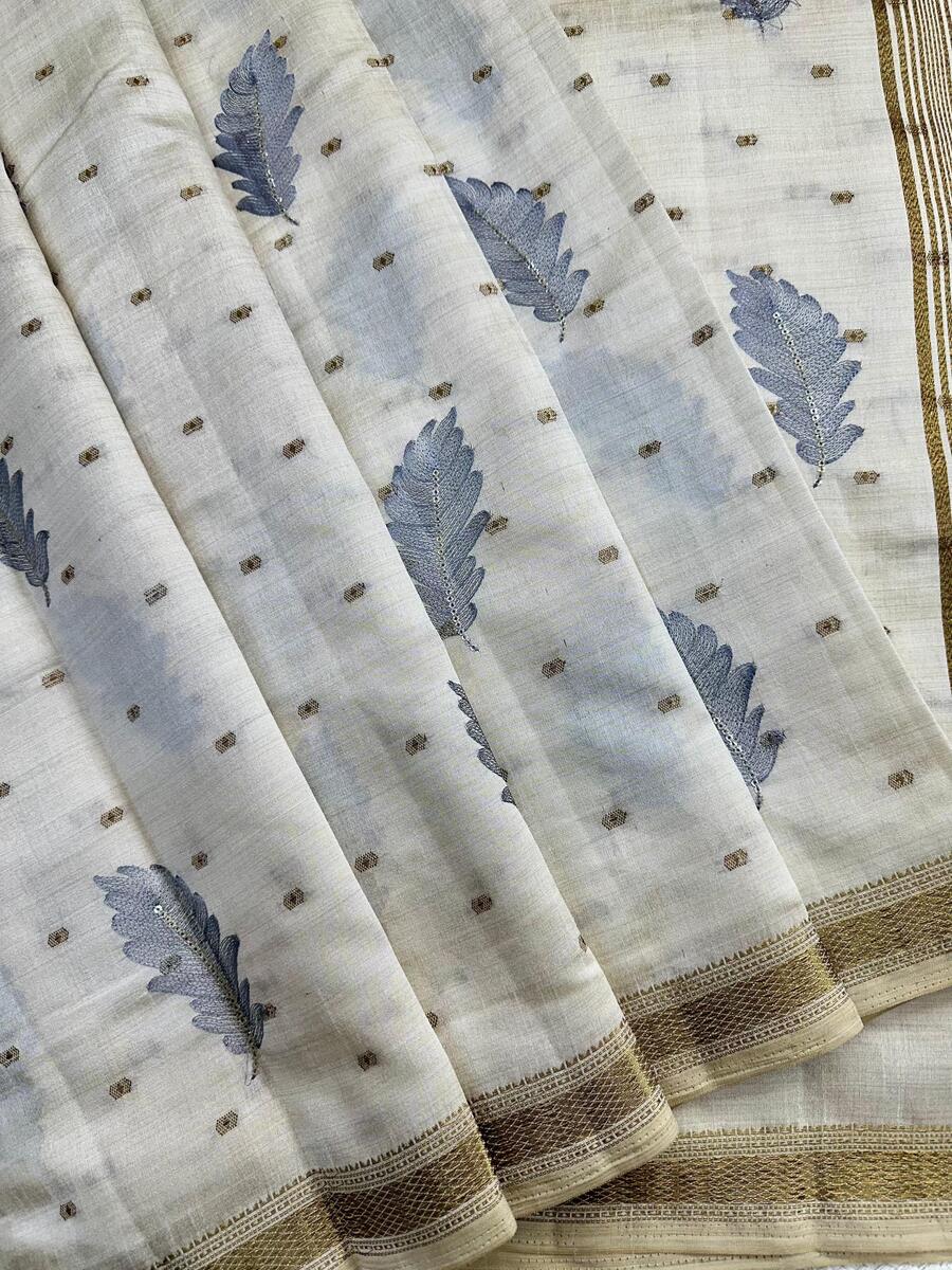 Comely Grey Embroidery Work Tussar Silk Saree With Efflorescence Blouse Piece