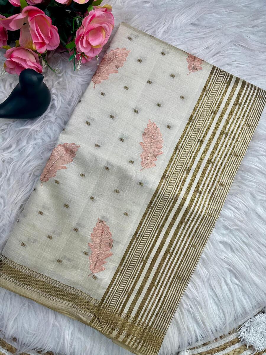 Moiety Peach Embroidery Work Tussar Silk Saree With Sempiternal Blouse Piece