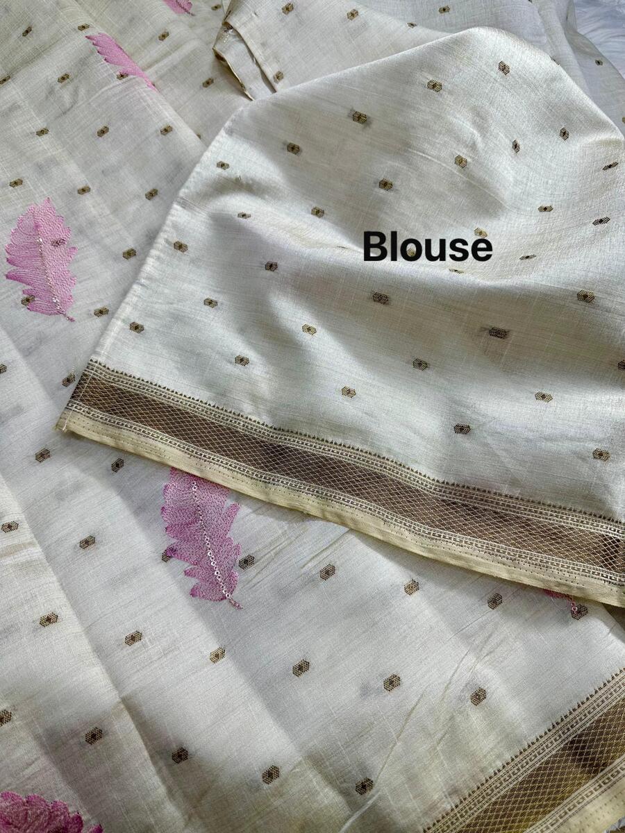 Splendiferous Pink Embroidery Work Tussar Silk Saree With Artistic Blouse Piece