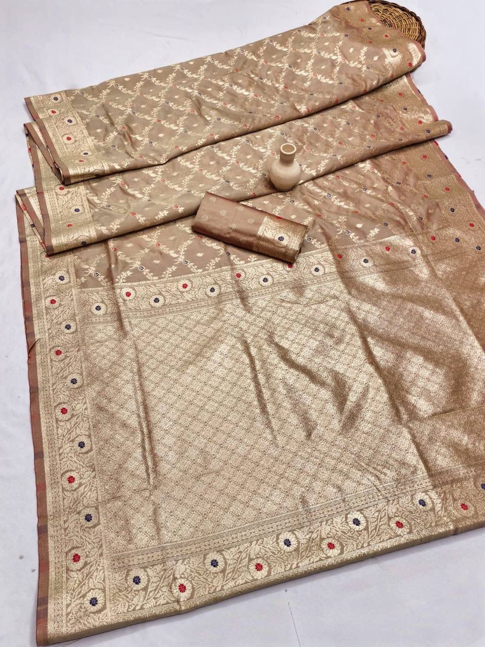 Demure Beige Soft Banarasi Silk Saree With Fairytale Blouse Piece