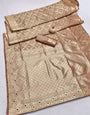 Demure Beige Soft Banarasi Silk Saree With Fairytale Blouse Piece