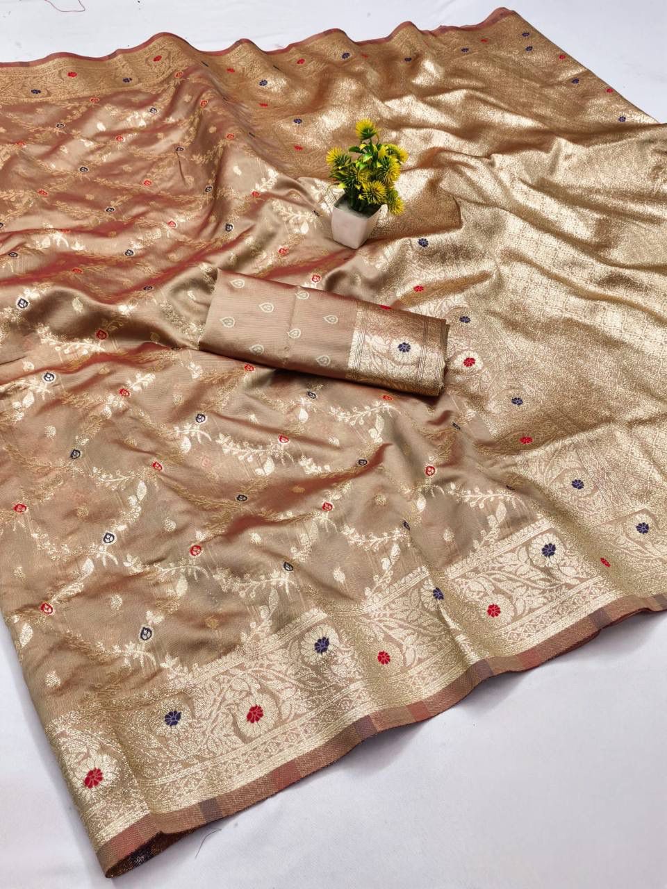 Demure Beige Soft Banarasi Silk Saree With Fairytale Blouse Piece