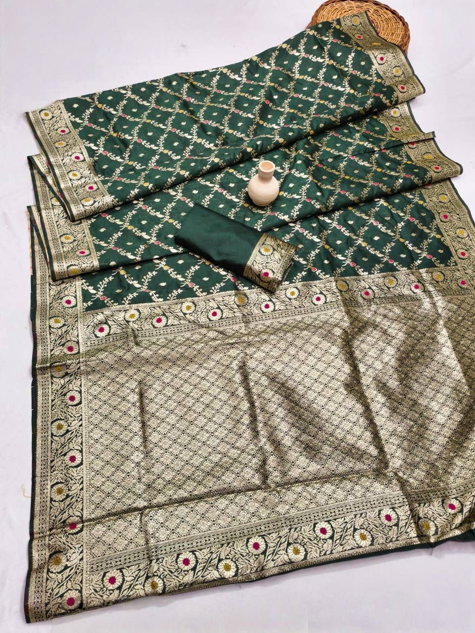 Demure Dark Green  Soft Banarasi Silk Saree With Fairytale Blouse Piece