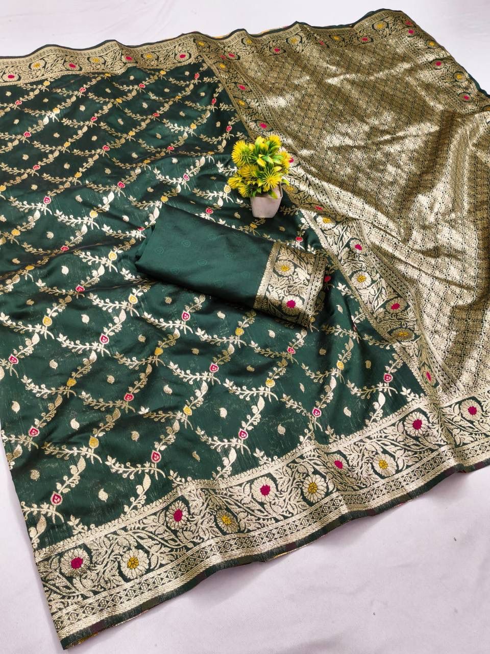 Demure Dark Green  Soft Banarasi Silk Saree With Fairytale Blouse Piece