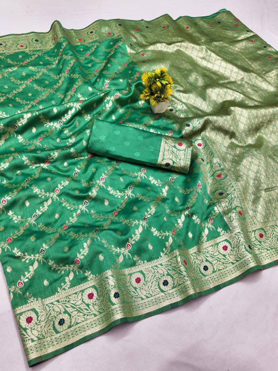 Demure Green Soft Banarasi Silk Saree With Fairytale Blouse Piece