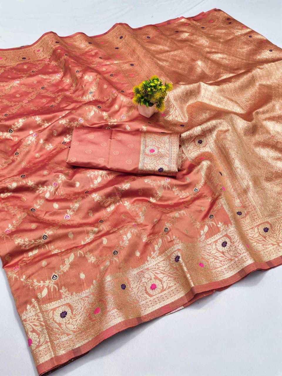 Demure Peach Soft Banarasi Silk Saree With Fairytale Blouse Piece
