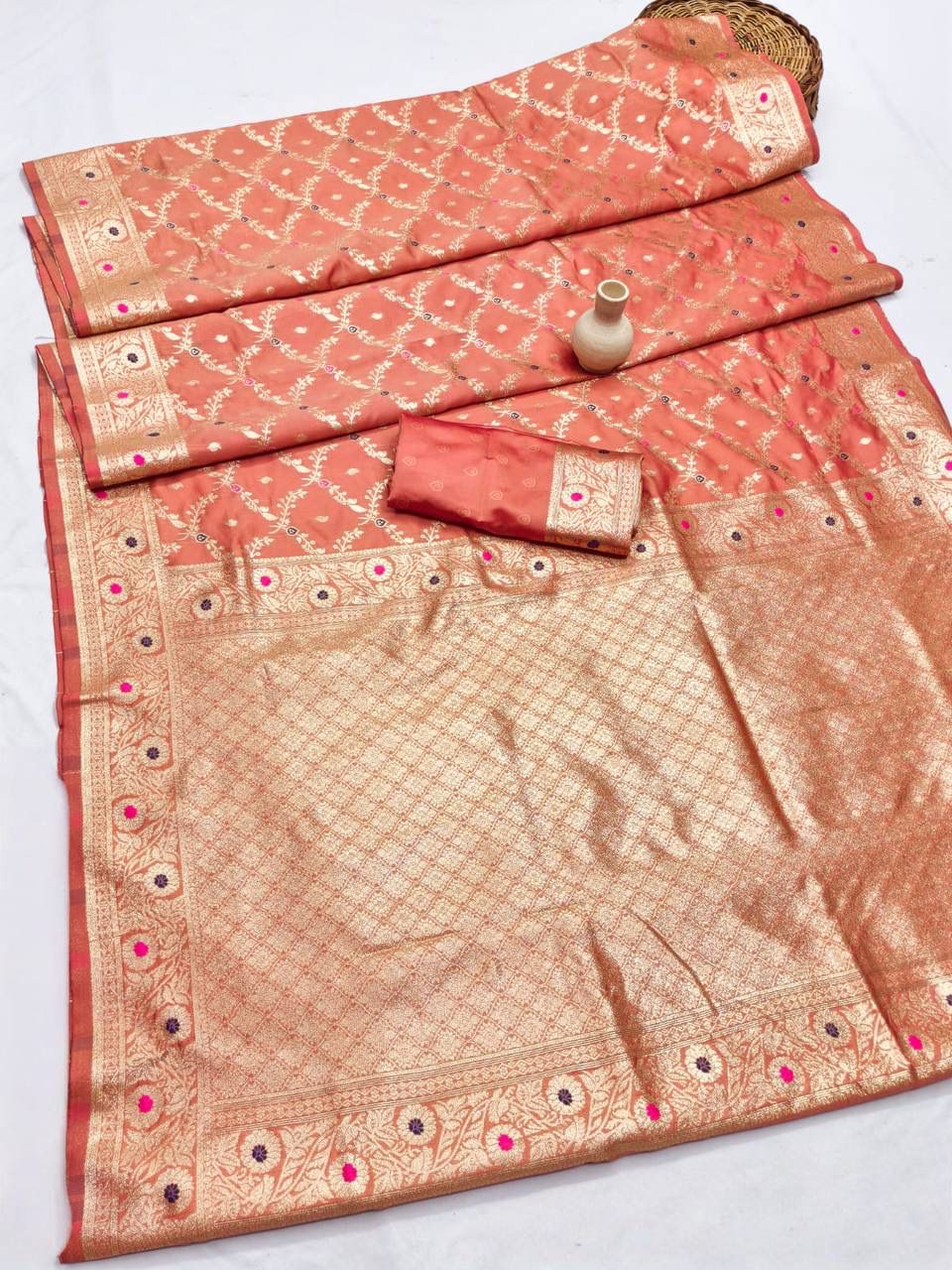 Demure Peach Soft Banarasi Silk Saree With Fairytale Blouse Piece