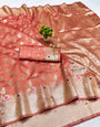 Snappy Peach Soft Banarasi Silk Saree With Glittering Blouse Piece